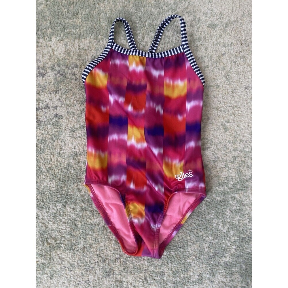 Dolfin Uglies Girls Size 8 Pink Red Water Color Multicolored Racer 1pc Swimsuit